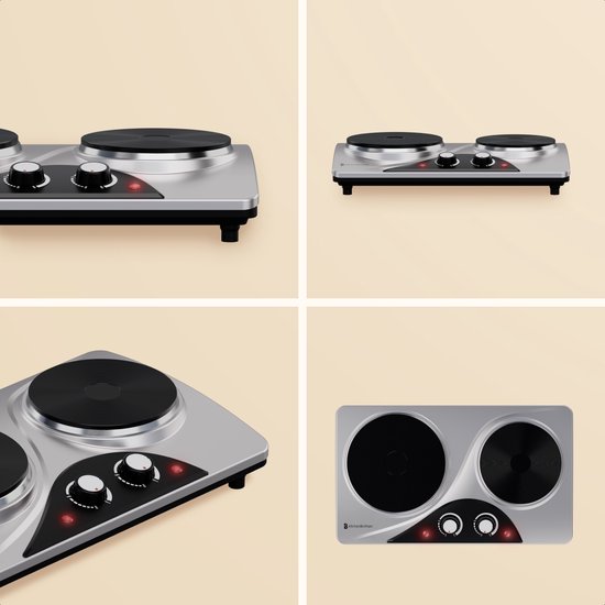 KitchenBrothers Table de cuisson électrique - 2 brûleurs - pose libre - 7 niveaux de température - 1500W + 1000W - inox/noir