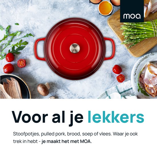 MOA Casserole en fonte - 3,5L - Pour toutes les sources de chaleur y compris l'induction - Avec couvercle - Ø 30cm - Revêtement antiadhésif - Rouge