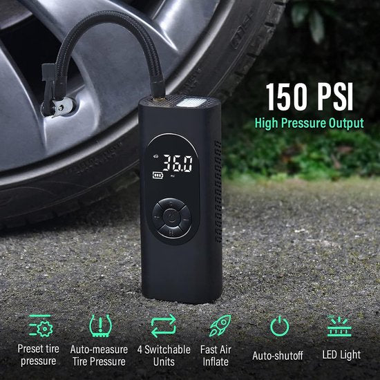 Fuegobird - Pompe électrique 6000 mAh - Pompe à vélo 150 PSI - Pompe à vélo électrique miniature avec LED SOS - Conçue pour les pneus AUTO - Vélos - Vélos électriques - Sports de balle - Inclus 2 tuyaux de gonflage - Noir