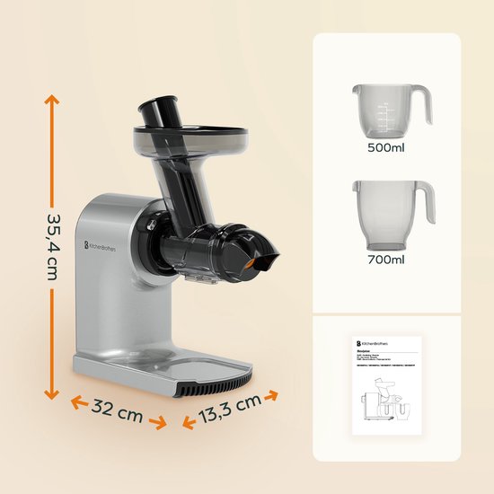 KitchenBrothers Slowjuicer - Compact - Extracteur de jus - Presse-légumes et fruits - 45 mm - 500 ml - Gris