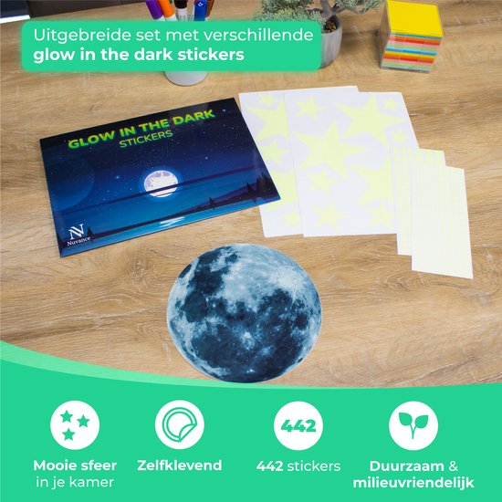 Nuvance - Étoiles et lune phosphorescentes - 442 pièces - Stickers muraux chambre d'enfant