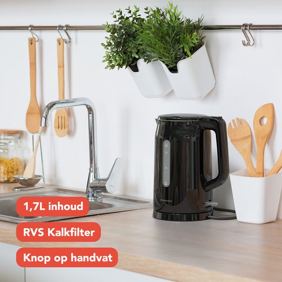 KitchenBrothers Bouilloire - Électrique - 1,7 litre - Avec filtre à calcaire - Double paroi - Cool-touch - Noir