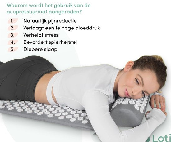Loti Nail Mat avec Nail Pillow - Gris/Blanc - Tapis d'acupression - Lit d'acupuncture - Coussin d'acupuncture - Massage Shakti - Sac de transport inclus