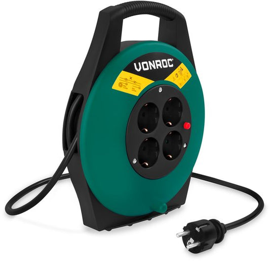 VONROC Enrouleur de câble 10m - IP20 - Câble PVC H05VV-F 3G1.5mm² - 4 prises Schuko mises à la terre - 3200W (déroulé)/1100W (enroulé) - Protection thermique