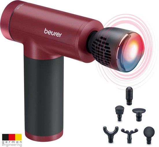 Beurer MG 195 HOT & COLD Limited Edition 25 Pistolet de massage - Chauffe et refroidit les muscles - 7 accessoires inclus - 9 niveaux d'intensité - Batterie puissante - Utilisation sans fil - 3 ans de garantie - Bordeaux/noir