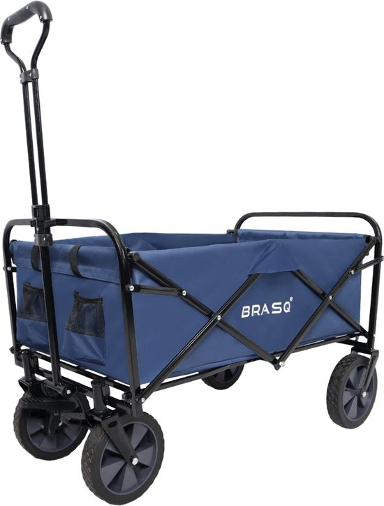 BRASQ Chariot pliable - 100 litres - Capacité 80 KG - Roues pivotantes avec frein - 90x51x100 CM - Poignée réglable - Chariot pliable - Compact - Bleu
