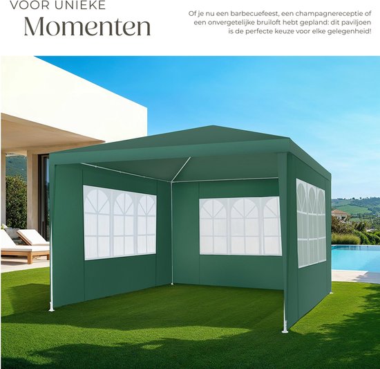 tectake® Pavillon - avec armature renforcée - Tente de réception 3x3 m - Bâche imperméable - Panneaux latéraux amovibles - Pavillon de jardin résistant aux intempéries - Lignes de tension et piquets inclus - Vert - Tente pliante pop-up