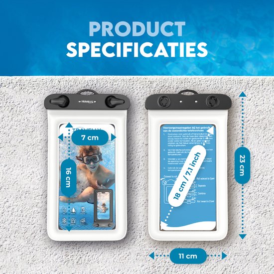 Travelly® Waterproof Phone Case Set of 2 - Universal Underwater Case for Smartphone - Convient à tous les téléphones - Drybag - Pour les vacances, la natation et les sports nautiques - Transparent/Blanc
