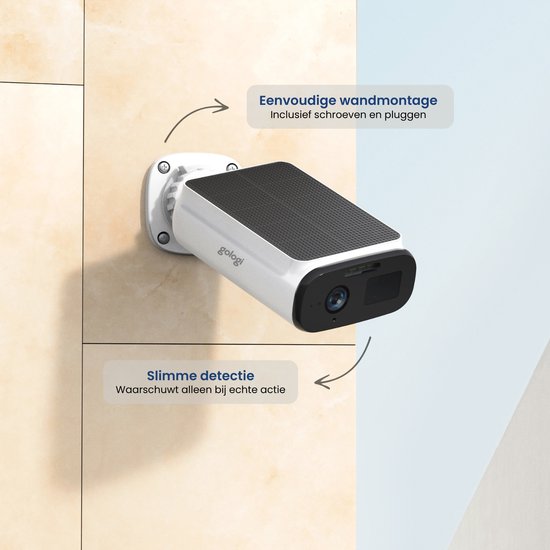 Gologi Solar Premium Caméra de sécurité extérieure - 10 400 mAh - 2,5K - Vision nocturne - Détection de mouvement - Caméra de surveillance - Panneau solaire - Sans fil - USB-C - WiFi et App - Blanc