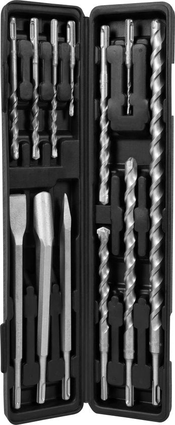 VONROC Set de forets et burins SDS-Plus – 12 pièces – Universel – Coffret incl. forets, pointe, burins plats et à gouge