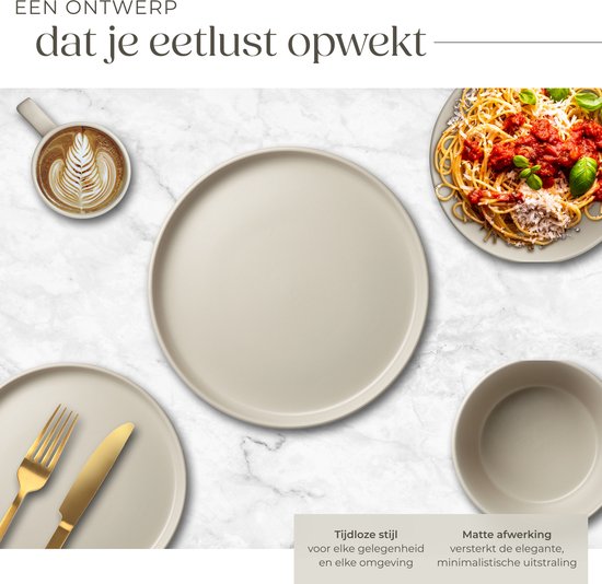 tectake® Ensemble de vaisselle Una - 30 pièces - Faïence - 6 personnes - Vaisselle élégante et durable - Ensemble d'assiettes avec grandes et petites assiettes, bols, coupes - Taupe