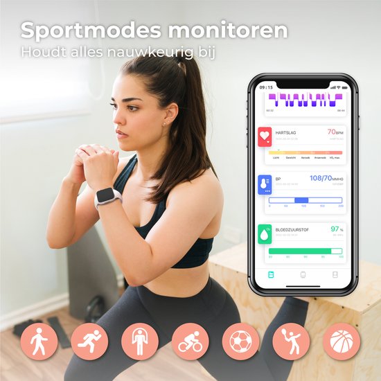 Nuvance - Smartwatch Homme et Femme avec Bluetooth - 45mm - Convient à tous les Smartphones - Podomètre et moniteur de fréquence cardiaque - Étanche - Rose clair
