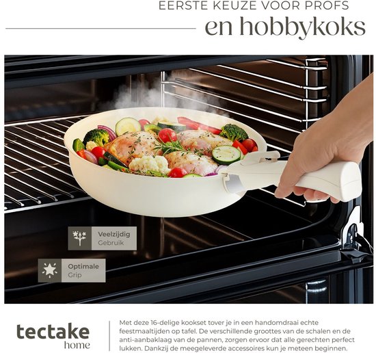 tectake® Ensemble de casseroles modernes 16 pièces - 3 poêles à frire - 2 poêles de cuisson - Convient à l'induction - Comprend des couvercles, des poignées amovibles et des protections - Poêles en aluminium avec revêtement antiadhésif en céramique - Conv