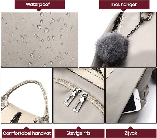 Sac à dos antivol - Sac à dos femmes - Imperméable - Petit - Sac à dos antivol - Dos, Epaule, Sac à main en un - Nylon - avec sangle réglable - Beige - Glennoo