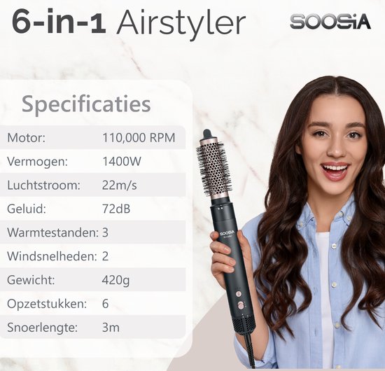 Soosia 6-in-1 Airstyler - Sèche-cheveux et fer à friser - Sèche-cheveux - Multistyler - Brosse à cheveux et brosse à boucler - Enveloppe pour cheveux