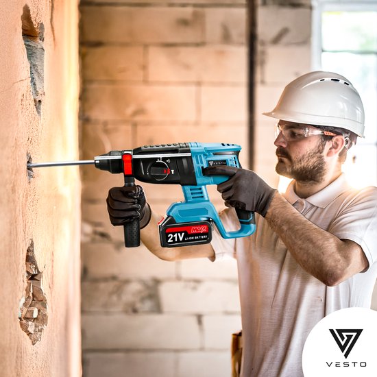 Vesto® Marteau perforateur électrique - Perceuse à percussion sans fil - Marteau perforateur avec fonction burin - Marteau combiné sans fil - Perceuse à béton - Comprend un jeu de perceuses, 2 batteries et un chargeur