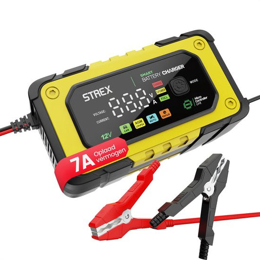 Chargeur de batterie Strex 12V 7A - Chargeur rapide et goutte à goutte avec écran LCD - Pour voiture, moto, bateau et batteries AGM/plomb - Mode réparation