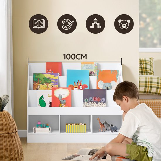 SoBuy Montessori KMB118-W Bibliothèque pour enfants, étagère pour enfants avec 3 compartiments de rangement et rangement pour jouets, chambre d'enfant, étagère pour livres et rangement pour jouets, blanc, 100 x 80 x 30 cm