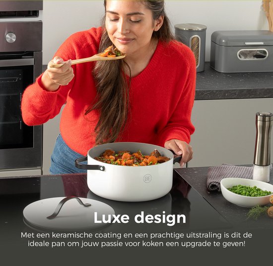 BE Living Essential Casserole avec couvercle - Ø 28 cm - Poêle de cuisson - Céramique - Sans PFAS - Induction - Blanc