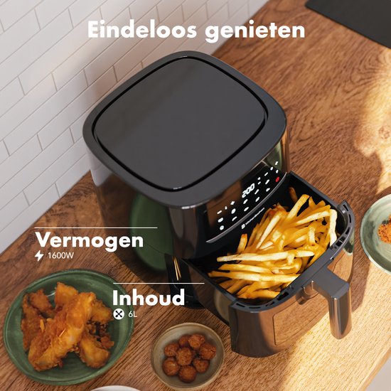 KitchenBrothers Airfryer XL - 6L - 1600W - Friteuse à air chaud - 50ºC à 200ºC - 10 programmes de cuisson - Noir