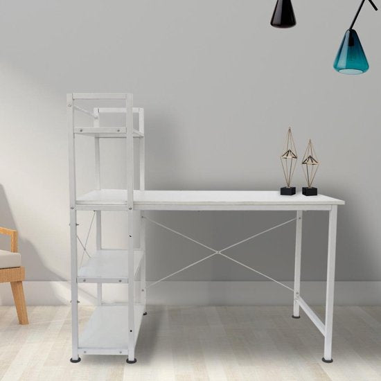 Bureau table informatique Stoer - 3 étagères de rangement - moderne industriel blanc - métal bois