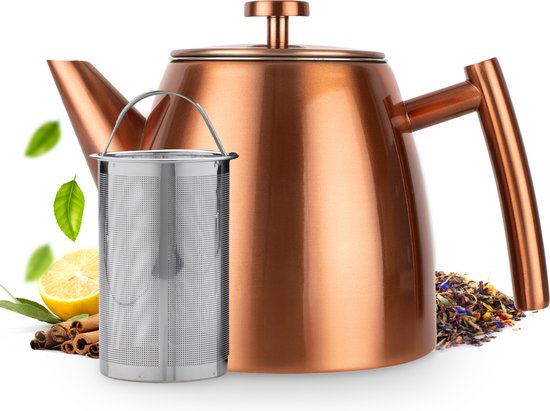 Vaja® Théière Juliette Rosé - Double paroi - 1 litre - Théière en acier inoxydable avec filtre et porte-bouillon