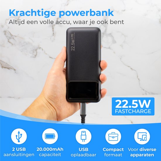 Nuvance - Powerbank 20000 mAh - Fonction de charge rapide 22,5W - USB, USB-C & Micro USB - Universel pour Smartphones, Tablettes & Gadgets - Travel Powerbanks - Noir