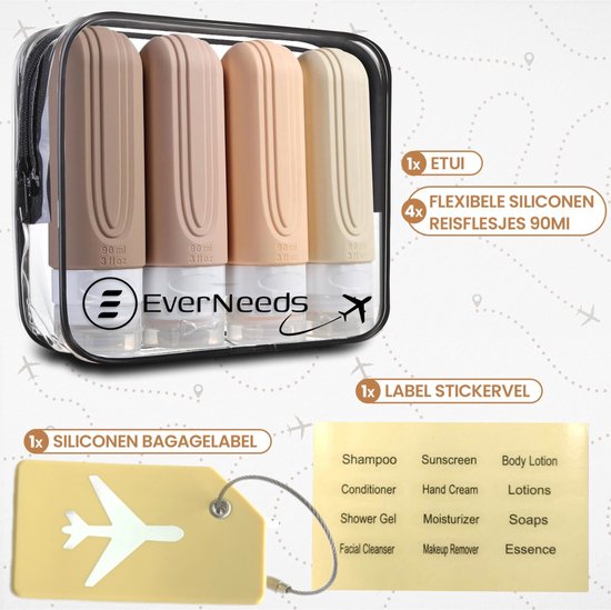 EverNeeds Bouteilles de voyage avec étui - rechargeables - Bouteilles de voyage en silicone pour bagages à main - crème - 4 pièces