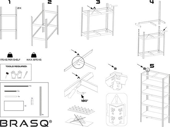 BRASQ Rack Cabinet Black Set of 2 - Metal Storage Rack - pantry - wall cabinet - Warehouse Rack 180x90x40 - 5 layers - 175 KG per shelf - max 875 KG