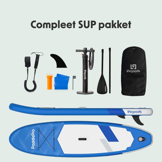 LifeGoods SUP Board All-round Compact - 100 KG Load Capacity - Inflatable - Complete SUP package - Blue