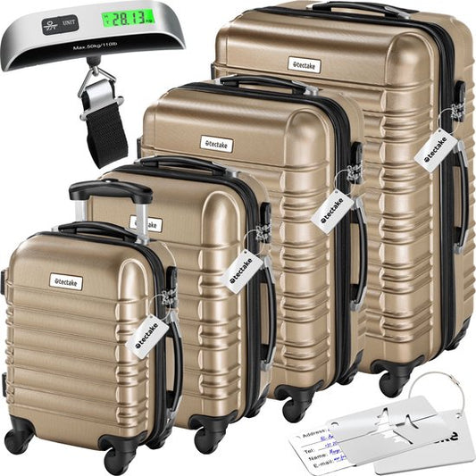 tectake® - Set de 4 valises à coque dure - Set de valises de voyage à roulettes - ABS - Poignée télescopique et serrure - Pèse-bagages inclus - Tailles des trolleys S-M-L-XL - Champagne