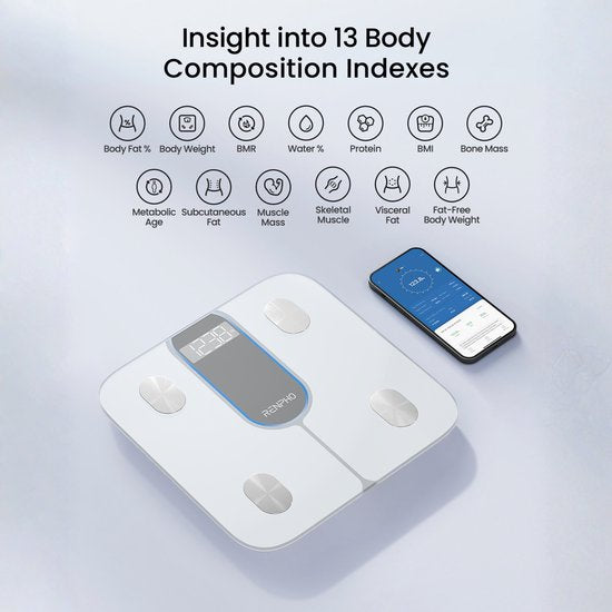 Renpho Elis 1C - Pèse-personne intelligent avec analyse du corps - 13 mesures - avec bluetooth et support d'application - Blanc
