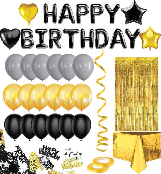 Feestio Ballons Décoration d'anniversaire avec nappe et guirlandes - Hélium - Noir Or