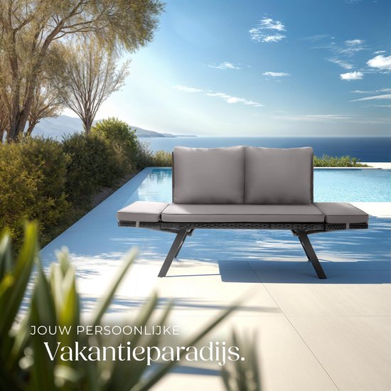 tectake® 2-in-1 Banc de jardin en osier Sintra - mains courantes réglables - set de jardin - chaise longue - banc de salon de balcon - coussins inclus - canapé de salon d'extérieur - lit solaire résistant aux UV et aux intempéries - gris clair/noir