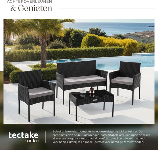 tectake® - Ensemble de jardin en osier Palese - Groupe de sièges pour 4 personnes - Ensemble de meubles de jardin avec banc de salon, table de jardin et 2 chaises de jardin, y compris les coussins d'assise - Meubles de jardin - Résistant à l'eau - Noir