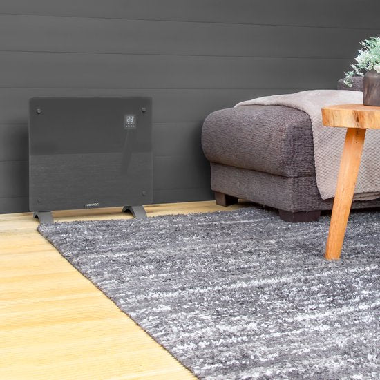 Chauffage électrique de luxe VONROC - Convecteur avec panneau en verre - 500W/1000W - Chauffe les pièces jusqu'à 12m2 - Contrôlé par l'application (via Wifi) et manuellement - Thermostat et minuterie réglables - Gris