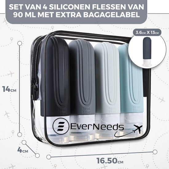 EverNeeds Bouteilles de voyage avec étui - rechargeables - Bouteilles de voyage en silicone pour bagages à main - gris - 4 pièces