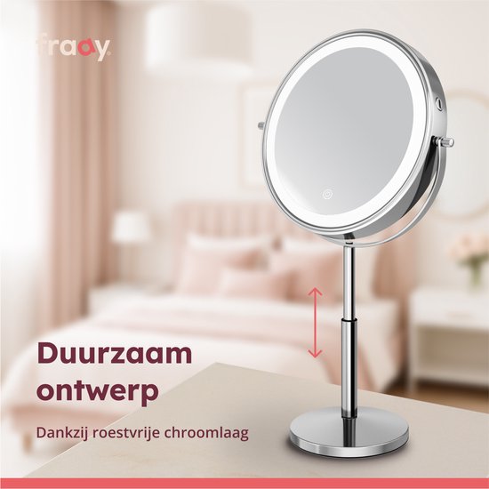 Fraay® XL Miroir de maquillage avec éclairage LED - grossissement 10x - Miroir grossissant avec lumière - rechargeable - Miroir de rasage - Miroir de salle de bain - Chrome