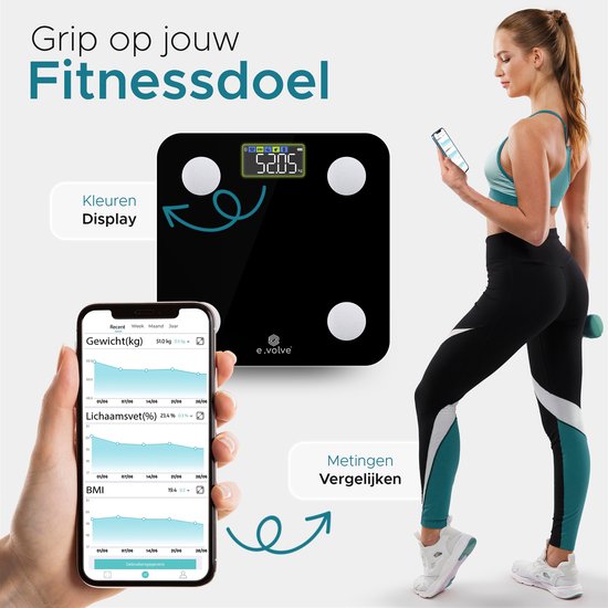 e.volve Scale Pèse-personne numérique - 20 mesures - Pèse-personne intelligent avec analyse du corps - Écran couleur - Pèse-personne de précision - Pèse-personne - Pèse-personne numérique - App. incluse.