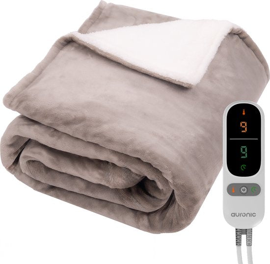 Couverture électrique Auronic - Couverture chauffante - Polaire Sherpa - 9 niveaux de chaleur et minuterie - Couverture - 200x180 - 2 personnes - Taupe
