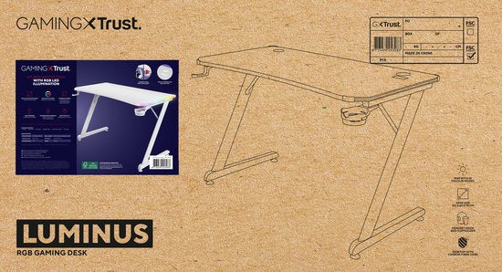 Trust GXT 709W Luminus Gaming Desk - Eclairage RGB - Porte-gobelet - Porte-casque - Blanc