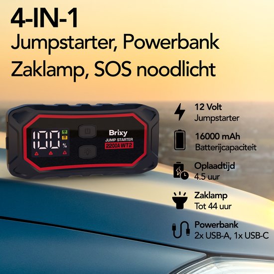 Brixy Jumpstarter pour voiture - 2200A / 16,000 mAH - Aide au démarrage 4-en-1 - Lampe de poche LED, Lumière d'urgence SOS et Powerbank - Rouge/Noir