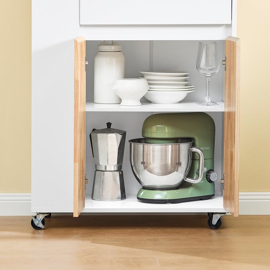 SoBuy Chariot de cuisine à roulettes - Armoire de cuisine avec plan de travail en bois d'hévéa, meuble de cuisine indépendant pour salle à manger et coin café 70 x 40 x 90 cm Blanc FKW132-WN