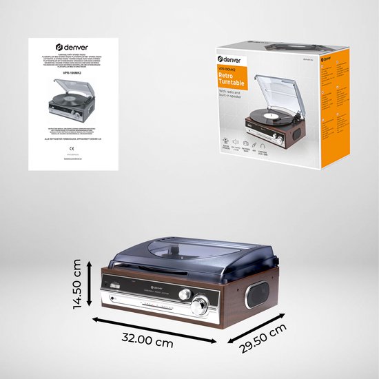 Denver Retro Record Player - Haut-parleurs intégrés - Radio FM - Fonction Auto-stop - AUX - Phono - VPR190