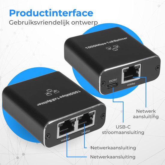 Nuvance - Répartiteur Internet - 2 Ports - Commutateur réseau - jusqu'à 1000Mbps - Répartiteur réseau - RJ45, Cat5, Cat6, LAN, UTP, Répartiteur Ethernet - Noir