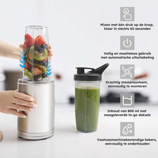 Blender To Go - 6-Piece Set - Smoothie Maker - Blender - 2x 800ml Drinking Cups - 1200W - Lavable au lave-vaisselle - Sans BPA - Portable Blender - Silver - by Saaf