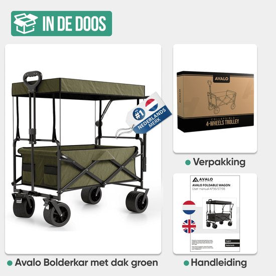 Avalo Bolderkar Avec Toit XL Pliable - Capacité de charge jusqu'à 110KG - 120L - 97x60x105 CM - Roues 360º - Bolderwagen / Bolderwagen / Chariot de plage / Chariot de randonnée / Bolderkar pliable - Pour la plage - Vert