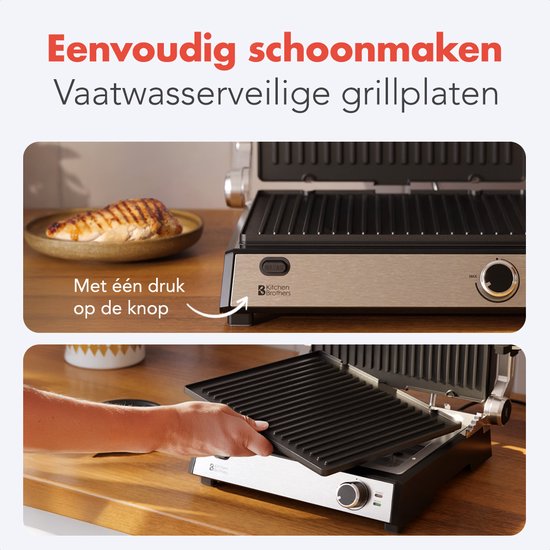 KitchenBrothers Contact Grill Deluxe - Appareil à griller - Plaques de gril amovibles - Gril à panini - 5 réglages de hauteur - 2000W - acier inoxydable
