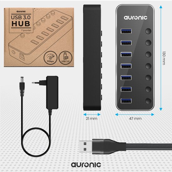 Auronic USB Hub 3.0 - Répartiteur USB avec 7 ports - avec alimentation - 5 GBP - Indication Led - Noir