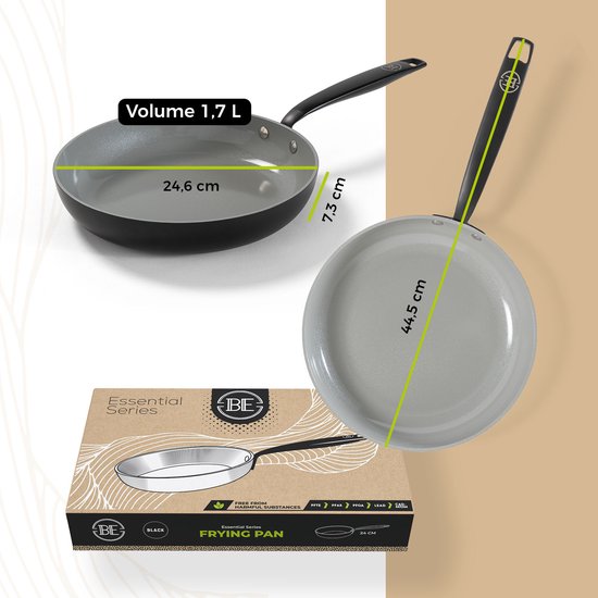 BE Living Essential Poêle à frire - Ø 24 cm - Céramique - Sans PFAS - Induction - Noir